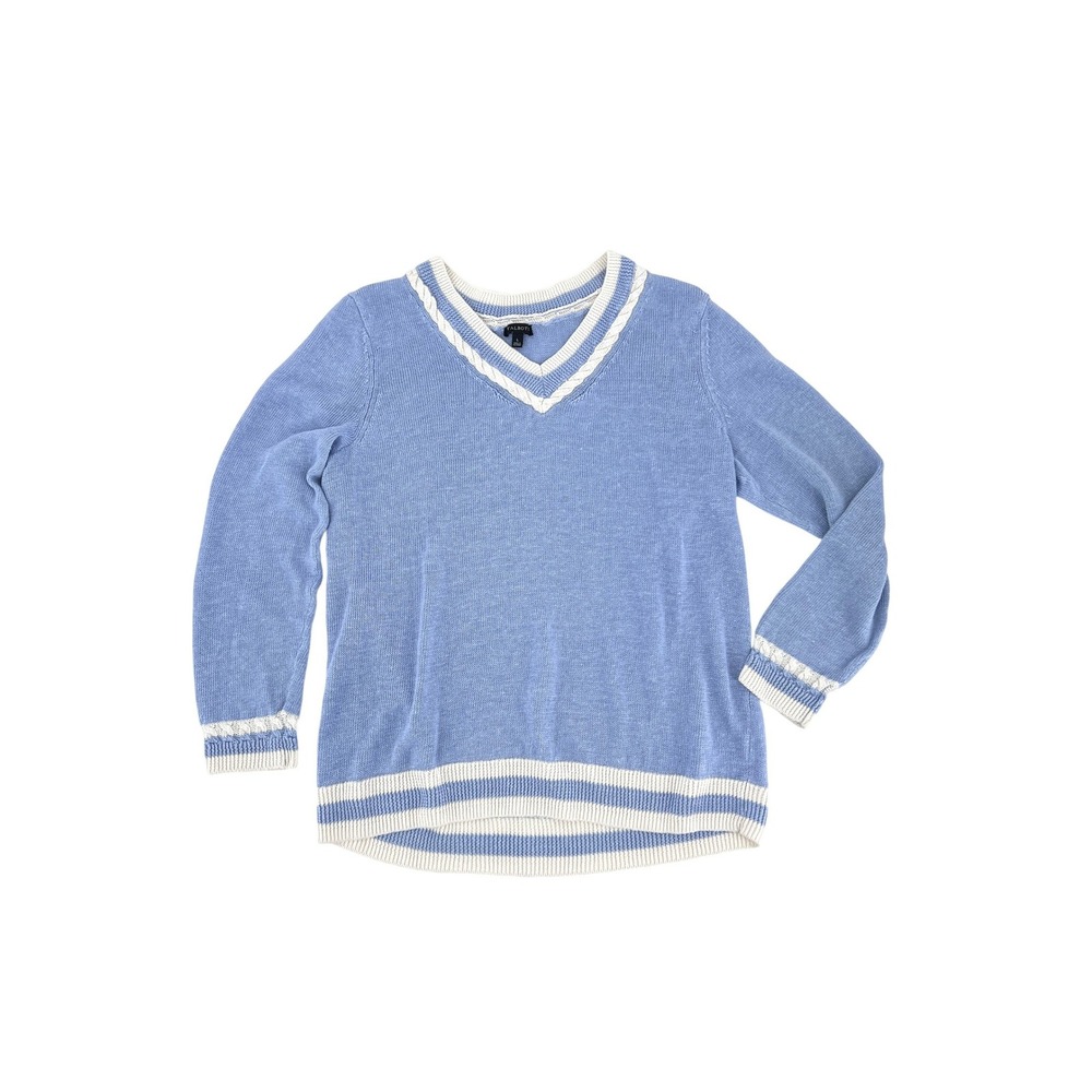 Talbots Linen Sweater Womens Blue V-Neck Varsity Stripe Size L